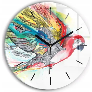 Hodiny Moderní skleněné hodiny s grafikou na zeď Barevná Papoušek v letu průměr 30 cm