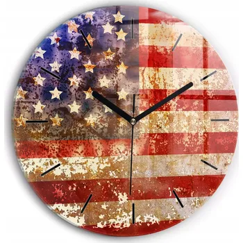 Hodiny Skleněné nástěnné hodiny do obýváku s motivem vlajky USA ve vintage stylu, průměr 30 cm