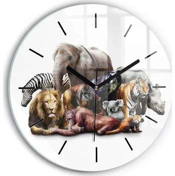 Hodiny Moderní skleněné nástěnné hodiny s grafikou Divoká zvířata kulatý průměr 30 cm