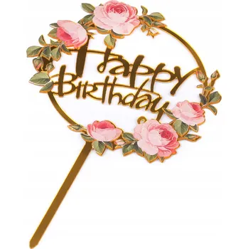 Party dekorace Nápis Happy Birthday na špejli, topper na dort, narozeninová dekorace s květinou