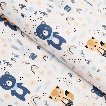 Dětská bavlněná látka/plátno Sandra SA-595 Modro-béžová lesní zvířátka na bílém - šířka 160 cm