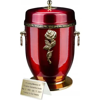 Smuteční dekorace Červená kovová urna na popel s růží, pohřební urna, kremační urna