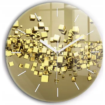 Hodiny Skleněné nástěnné hodiny do kanceláře se stylovým potiskem Zlaté čtverce průměr 60 cm