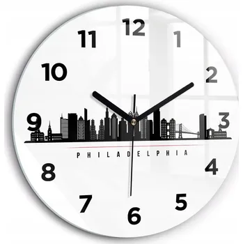 Hodiny Čtvercové Skleněné Nástěnné Hodiny do Kanceláře Ilustrace Philadelphia průměr 60 cm