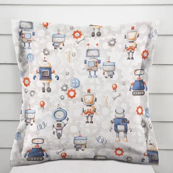 Povlak na dekorativní polštářek Dětský bavlněný povlak na polštář s lemem Sandra SA-584 Svět robotů na šedo-bílém 40 x 40 cm