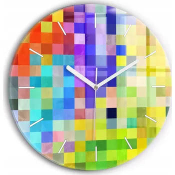 Hodiny Moderní skleněné nástěnné hodiny s potiskem Kompozice Čtverců průměr 30 cm