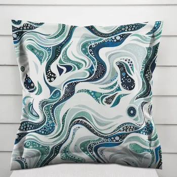 Povlak na dekorativní polštářek Bavlněný povlak na polštář s lemem Sandra SA-587 Modro-zelené designové vlnky na mintovém 50 x 50 cm