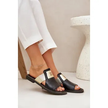 Dámské pantofle Elegantní Pantofle Z Přírodní Kůže Na Plochém Podpatku Zazoo 40423 Barva: Černá, Velikost: 36