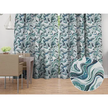 ubrus Bavlněný závěs Sandra SA-587 Modro-zelené designové vlnky na mintovém 150x160 cm