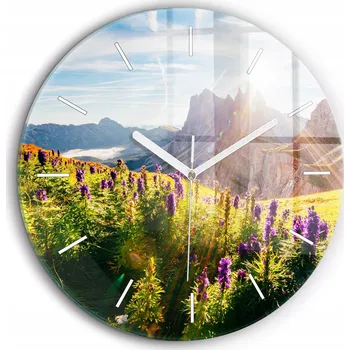 Hodiny Skleněné nástěnné hodiny do moderního interiéru se vzorem Levandulová louka, průměr 60 cm