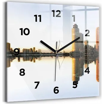 Hodiny Minimalistické skleněné nástěnné hodiny s motivem Město u řeky 30x30 cm