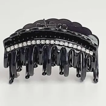 Plastový skřipec do vlasů s dvojitými zuby zdobený kamínky - černý