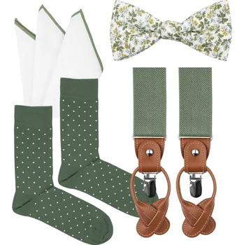 Kravata Bubibubi Šalvějově zelená sada Mina s motýlkem a kšandami velikost ponožek 43-46