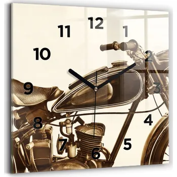 Hodiny Čtvercové Skleněné Nástěnné Hodiny s Motivem Sepia Vintage Motocyklu 30x30 cm
