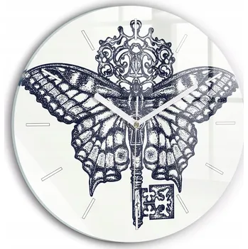 Hodiny Moderní skleněné nástěnné hodiny Motýl a klíč – boho styl kulatý průměr 30 cm