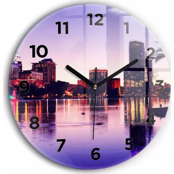 Hodiny Skleněné foto hodiny na zeď Orlando, panorama města, černé ručičky, průměr 60 cm