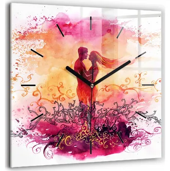 Hodiny Čtvercové Skleněné Nástěnné Hodiny do Obýváku Akvarely Zamilovaný Pár 60x60 cm