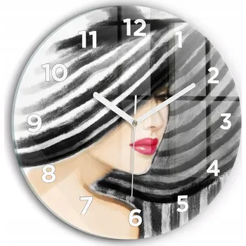 Hodiny Čtvercové Skleněné Nástěnné Hodiny s Grafikou Žena v Černobílé barvě fi30 cm
