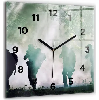Hodiny Skleněné nástěnné hodiny do obýváku s motivem Vojsko v lese vojáci 60x60 cm