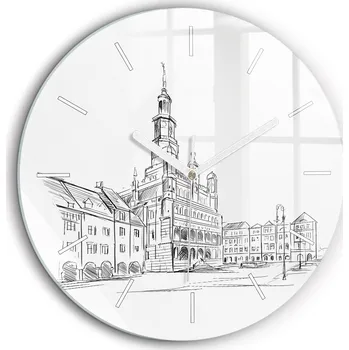 Hodiny Nástěnné Kulatý Skleněné Hodiny do Obýváku Skica starého města Poznaň průměr 60 cm