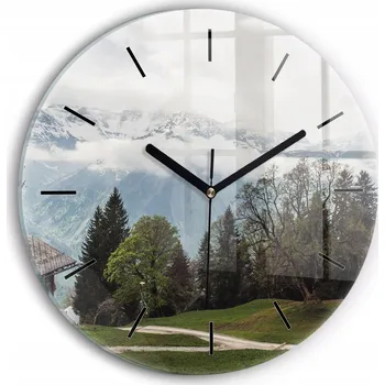 Hodiny Čtvercové Skleněné Nástěnné Hodiny do Obýváku s Grafikou Výhled na hory fi30 cm
