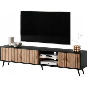 Televizní stolek TV stolek Bello s lamelovými dvířky 175 cm černá/dub wotan s LED