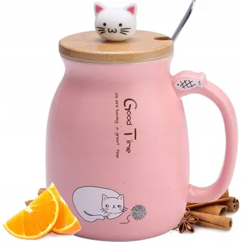 KERAMICKÝ HRNEK 420ML S LŽIČKOU A VÍČKEM KOČKA NA KÁVU ČAJ VELKÝ CUTE