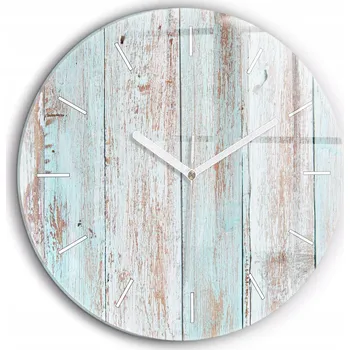 Hodiny Skleněné foto hodiny na zeď Pastelové dřevo bílé ručičky kulatý průměr 60 cm