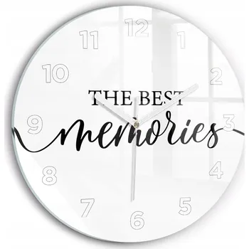 Hodiny Moderní skleněné foto hodiny na zeď Nápis Memories kulatý průměr 30 cm