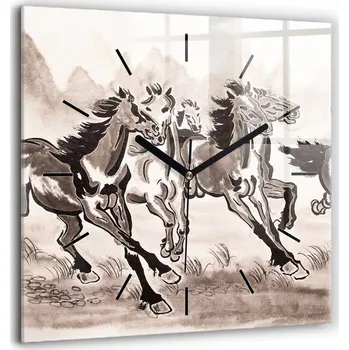 Hodiny Minimalistické skleněné nástěnné hodiny s grafikou cválajících koní 60x60 cm