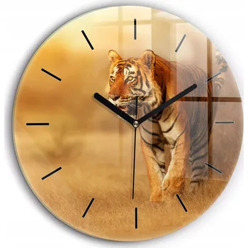 Hodiny Minimalistické Kulatý Skleněné Foto Hodiny na Zeď Lov Tygrů průměr 60 cm