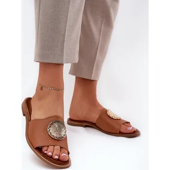 Dámské pantofle Zazoo 2938 Kožené Žabky Na Plochém Podpatku S Ozdobou Zlatý Průšvih Barva: Béžová, Velikost: 40