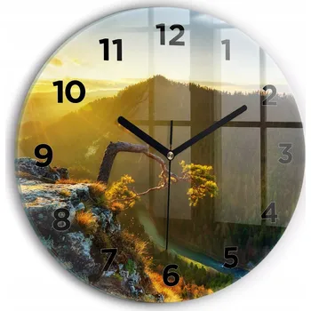 Hodiny Moderní skleněné hodiny s grafikou na zeď Západ slunce nad horami průměr 30 cm