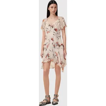 Dámské šaty Šaty s příměsí hedvábí AllSaints DARMA béžová barva, mini, W018DC 02X, vel. 36