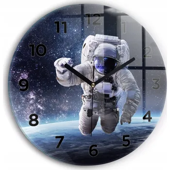 Hodiny Moderní skleněné nástěnné hodiny s potiskem Astronaut nad Zemí průměr 30 cm