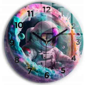Hodiny Moderní skleněné nástěnné hodiny Kosmonaut a barevné oblaky kulatý průměr 30 cm
