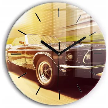 Hodiny Skleněné foto hodiny na zeď Klasické staré auto bílé ručičky průměr 60 cm