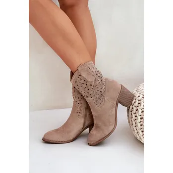 Dámské kozačky Dámské Ažurové Kožené Botky Na Podpatku S.Barski HY51-125 Barva: Béžová, Velikost: 40