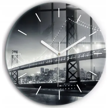 Hodiny Nástěnné čtvercové skleněné hodiny s grafikou Most v noci San Francisco fi60 cm