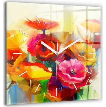 Hodiny Čtvercové skleněné nástěnné hodiny do kanceláře s grafikou Barevné máky 60x60 cm