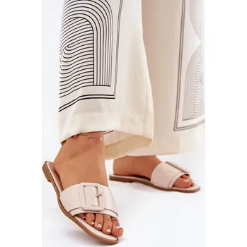 Dámské pantofle Ploché Dámské Sandály Eko Kožené S Přezkou Bamma Barva: Béžová, Velikost: 39