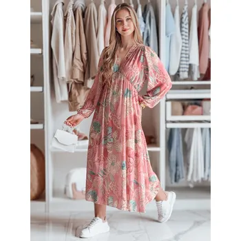 Dámské šaty Dámské šaty one size midi s květinami LILOVIE EY2570 Barva: Růžová, Velikost: ONE SIZE