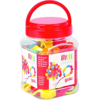 Dětské navlékací korálky Goki Set dřevěných korálků + 6 barevných tkaniček