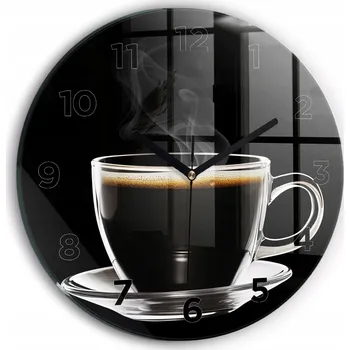 Hodiny Čtvercové Skleněné Nástěnné Hodiny se Stylovým Potiskem Černá káva průměr 30 cm