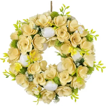 Věnec Velikonoční věnec z dřevěných květů s vajíčky, 30 cm, bílá