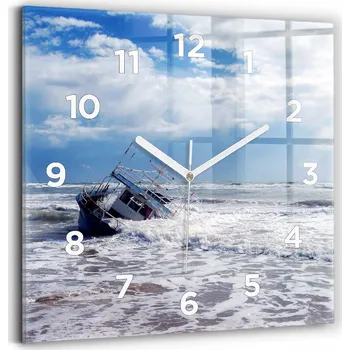 Hodiny Nástěnné čtvercové skleněné hodiny do obýváku Potopená loď vodní 30x30 cm