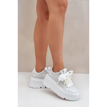 Dámské tenisky Kožené Tenisky Na Platformě CheBello 4658 Barva: Stříbrná, Velikost: 37