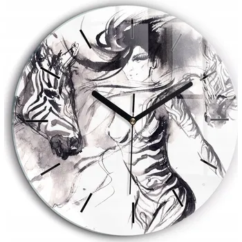 Hodiny Skleněné foto hodiny na zeď Žena a zebry černé ručičky kulatý průměr 60 cm