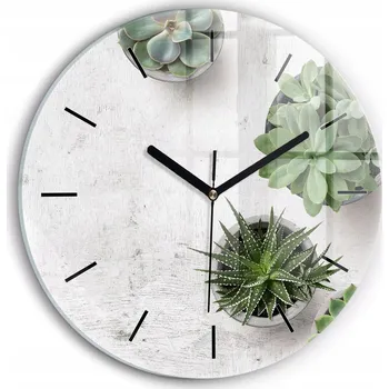 Hodiny Minimalistické Kulatý Skleněné Nástěnné Hodiny s Dekorativními Rostlinami fi30 cm
