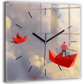 Hodiny Čtvercové Skleněné Hodiny Minimalistické Nástěnné Papírové lodě 30x30 cm